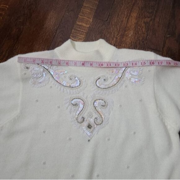 Vintage 90's Ivory Sequin Beaded Mockneck Sweater Medium - Picture 7 of 11